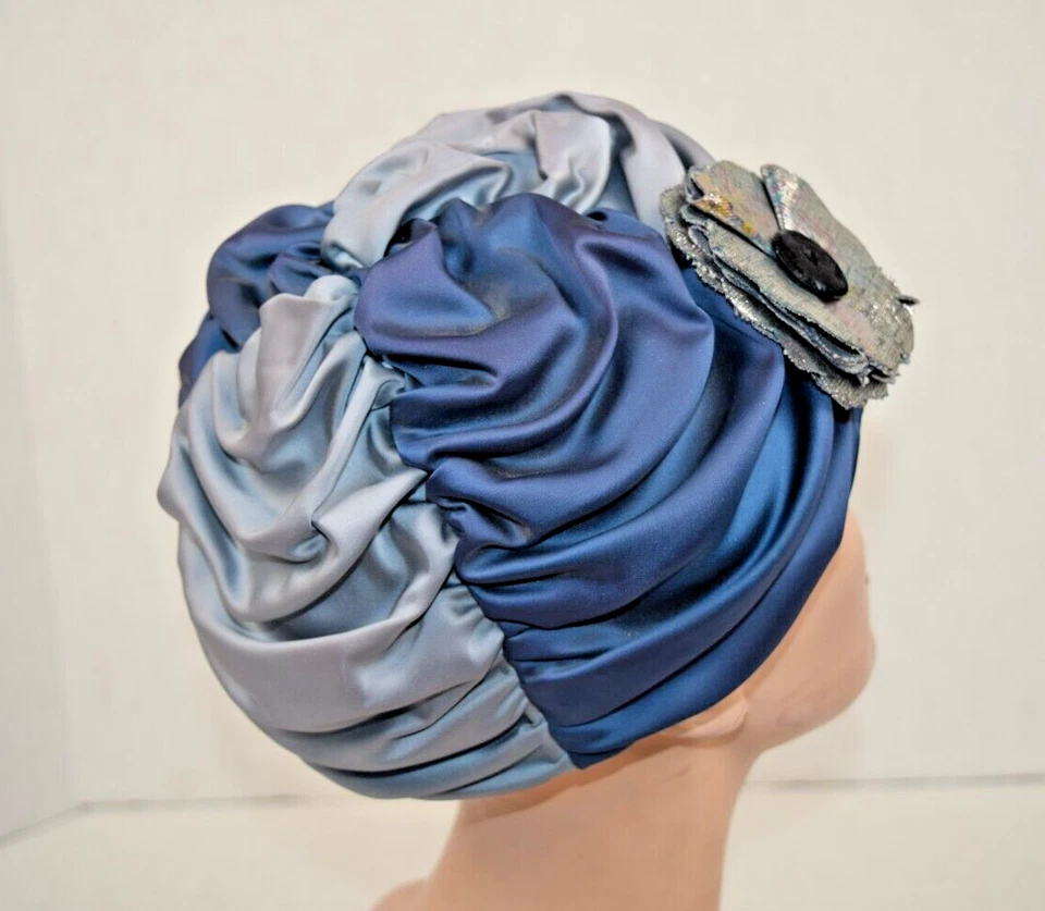 Vintage Beret 40s Mussetta California 2 Toned Blue Gray Gathered Silk Sz 9" D - Image 4 of 4