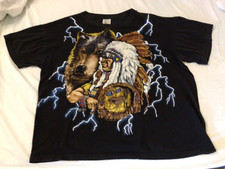 VTG 90s American Thunder Native American Indian Wolf T Shirt All Over Print XL