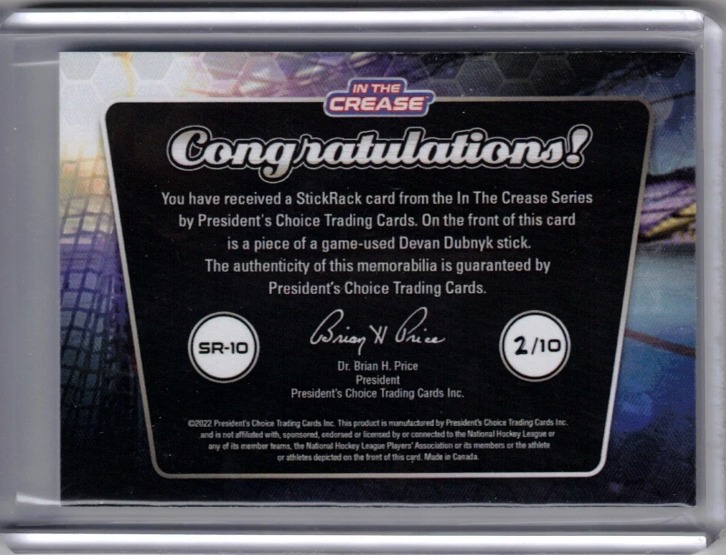 DEVAN DUBNYK Presidents Choice Game-Used Stick Rack Card Nice 3-Color! #'d 2/10 - Image 2 of 2