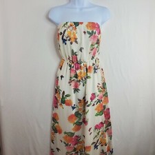 FOREVER 21 Strapless casual dress maxi ivory print  Flowers Roses Ruffle Size S