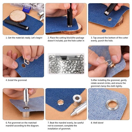 100 Sets Grommets Eyelets 10mm Punch Die Tool 4 Colour for Leather,Tents Awnings - Picture 9 of 25
