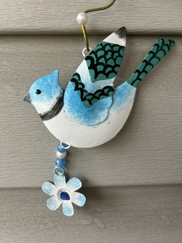 Vintage Rustic Bluebird With Flower Handmade Tin Ornament Wall Decor 5"