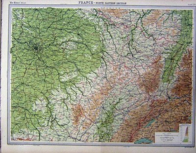 Original alter Vintage Druck Nordostabschnitt Frankreich 1920 Farbkarte 20.
