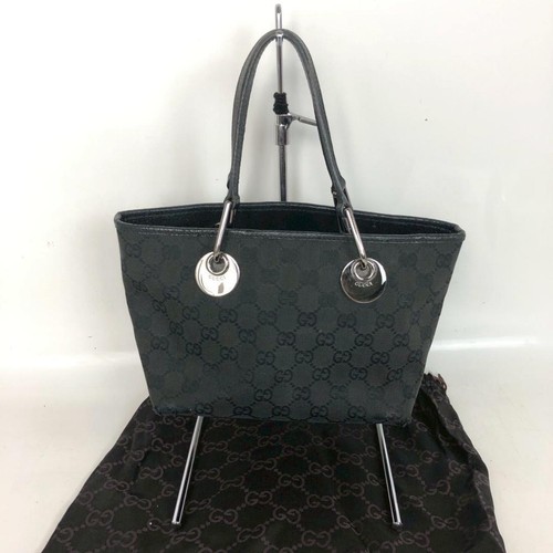 GUCCI GG Eclipse Leather Canvas Tote Hand Bag Black Silver Hardware