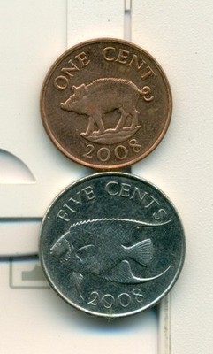 2 DIFFERENT COINS from BERMUDA - 1 CENT w/ PIG & 5 CENT w/ FISH (BOTH 2008).