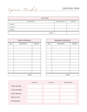 Digital PDF White Pink Simple Expense Tracker Planner Instant Download