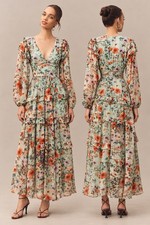 BHLDN Floral Chiffon Plunge Long Sleeve Ruffle Maxi Dress Mint S