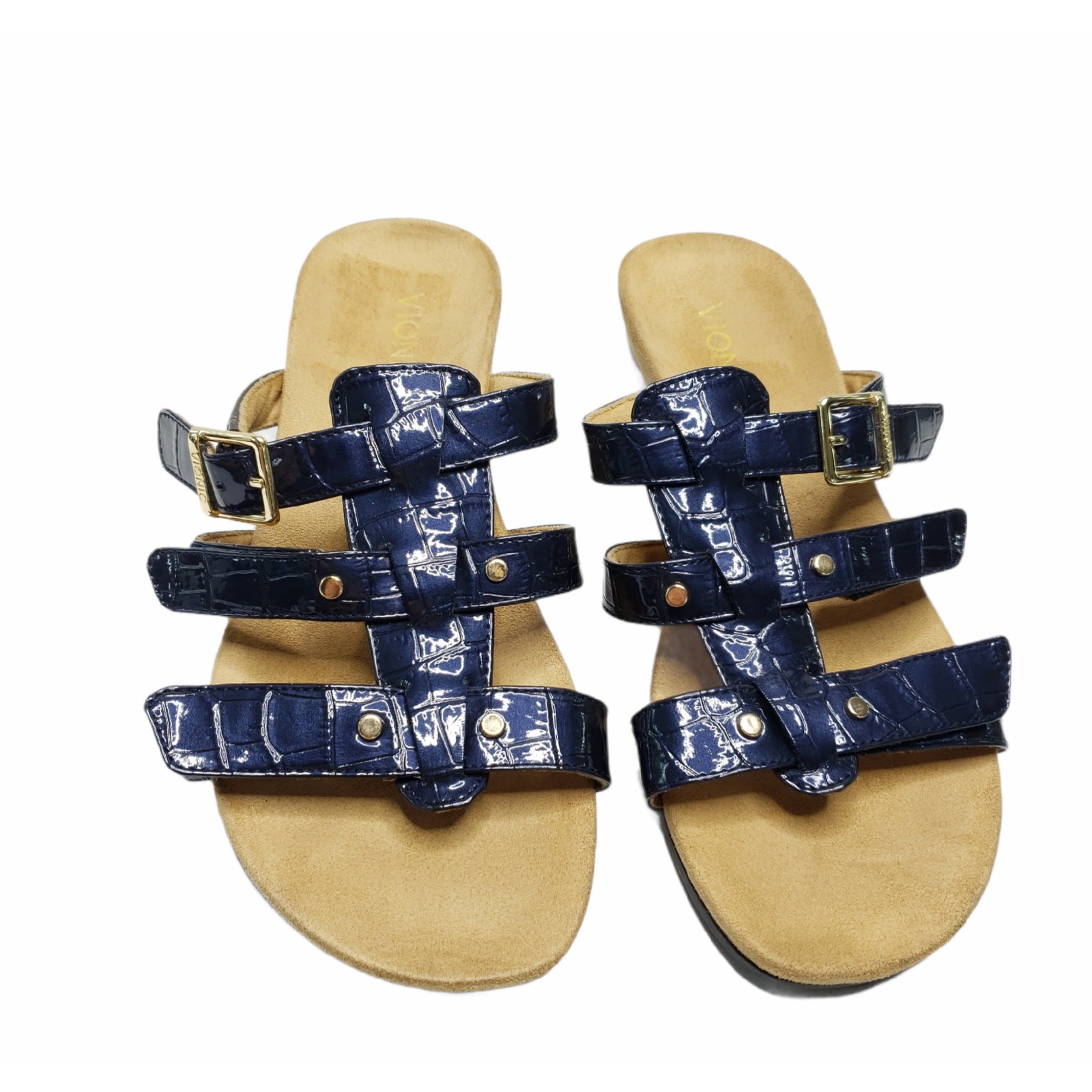 Vionic Radia Blue Croc Patent Leather Triple Strap Wedge Sandal Size 7 Wide
