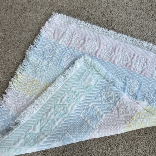 Vtg Pastel Baby Blanket Woven Bears Bunny ABC 123 Hearts Stars Fringe 38 x 34" - Picture 7 of 7