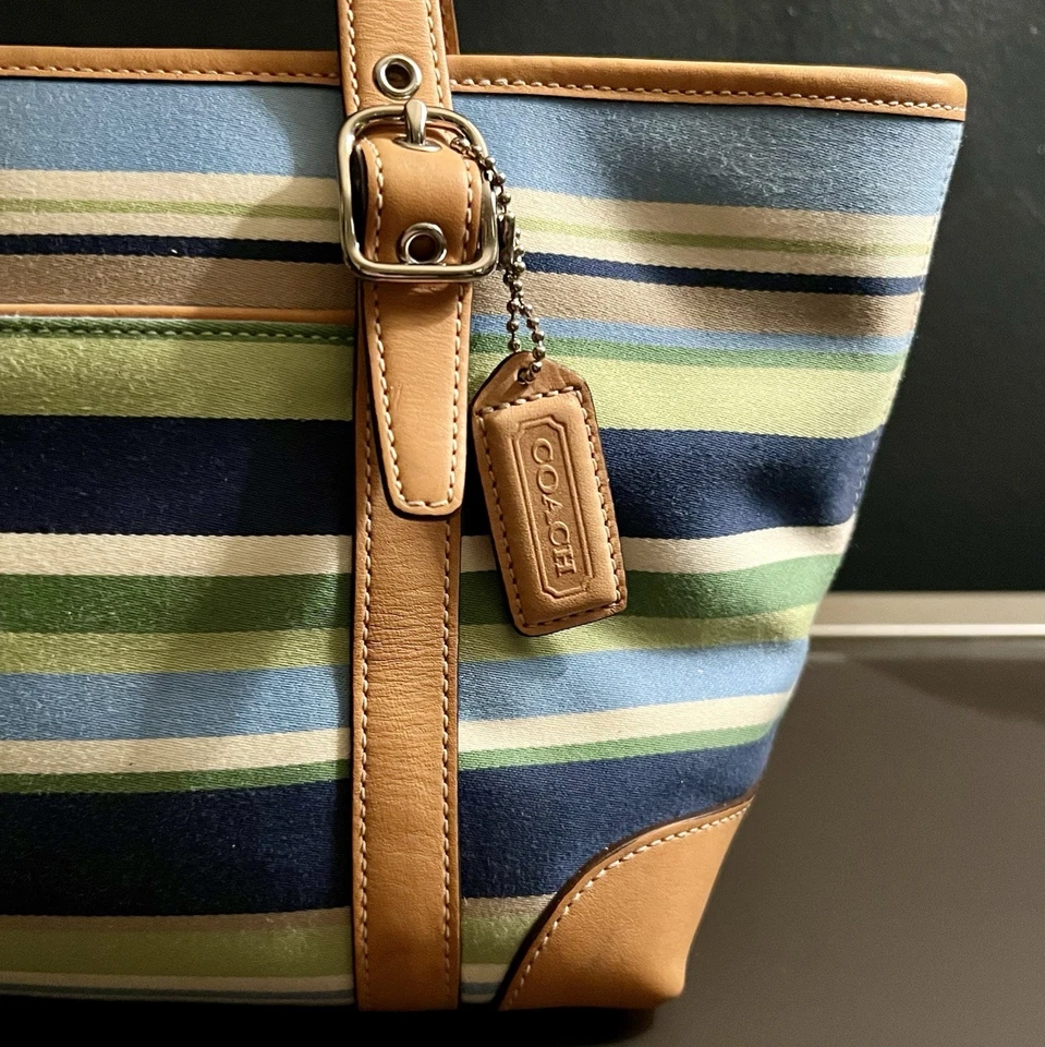 Bolso de Mano Pequeño Coach Hampton a Rayas Verde y Azul Foto 2 de 4