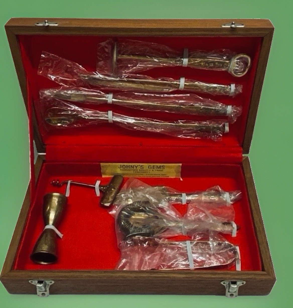 Johny's Gems solid brass 9-piece bartender tool set in wood case