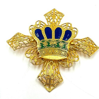 Maltese Cross Heraldic Crown Brooch Gold Tone Purple Green Royalty Medieval 