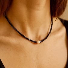 AAA Black Spinel Gemstone Necklace with Center Pearl - You select your length 