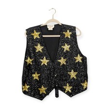 Vintage Fashion Fantasy Glam Vest M Black Gold Star Sequin Bead Statement Party