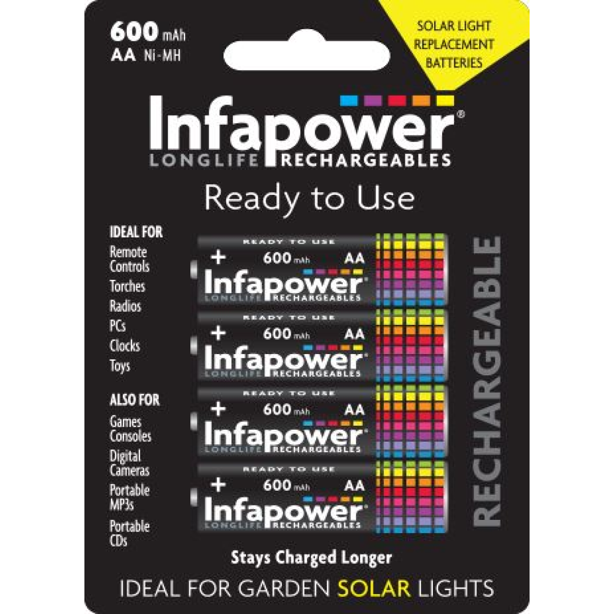 Infapower Aa 800Mah Ni-Mh Solar Replacement Batteries, 4-Pack (B008) Light - Image 2