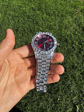 Silver Tone Iced Out Metal Bracelet Wristwatch Red Analog 12-Hour Dial