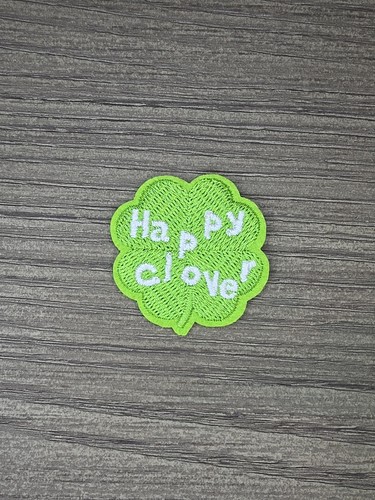 GREEN HAPPY CLOVER TEXT 4 LEAFED FLOWER LUCKY IRON ON PATCH 1.5" - Picture 4 of 5