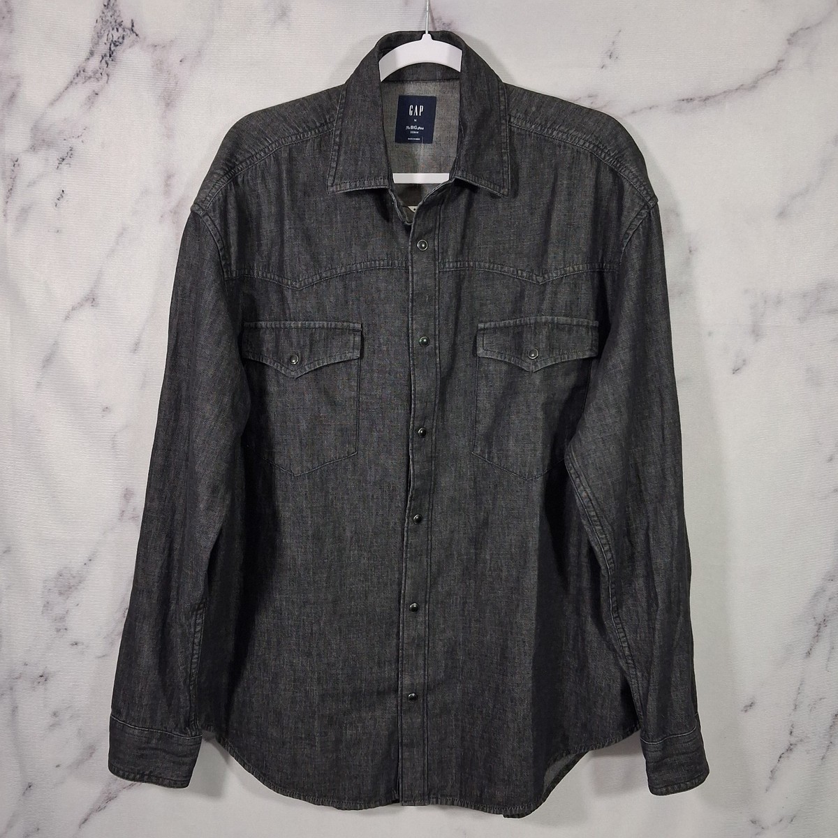 Gap Western The Big Shirt Mens Size M Gray Black Pearl Snap Button