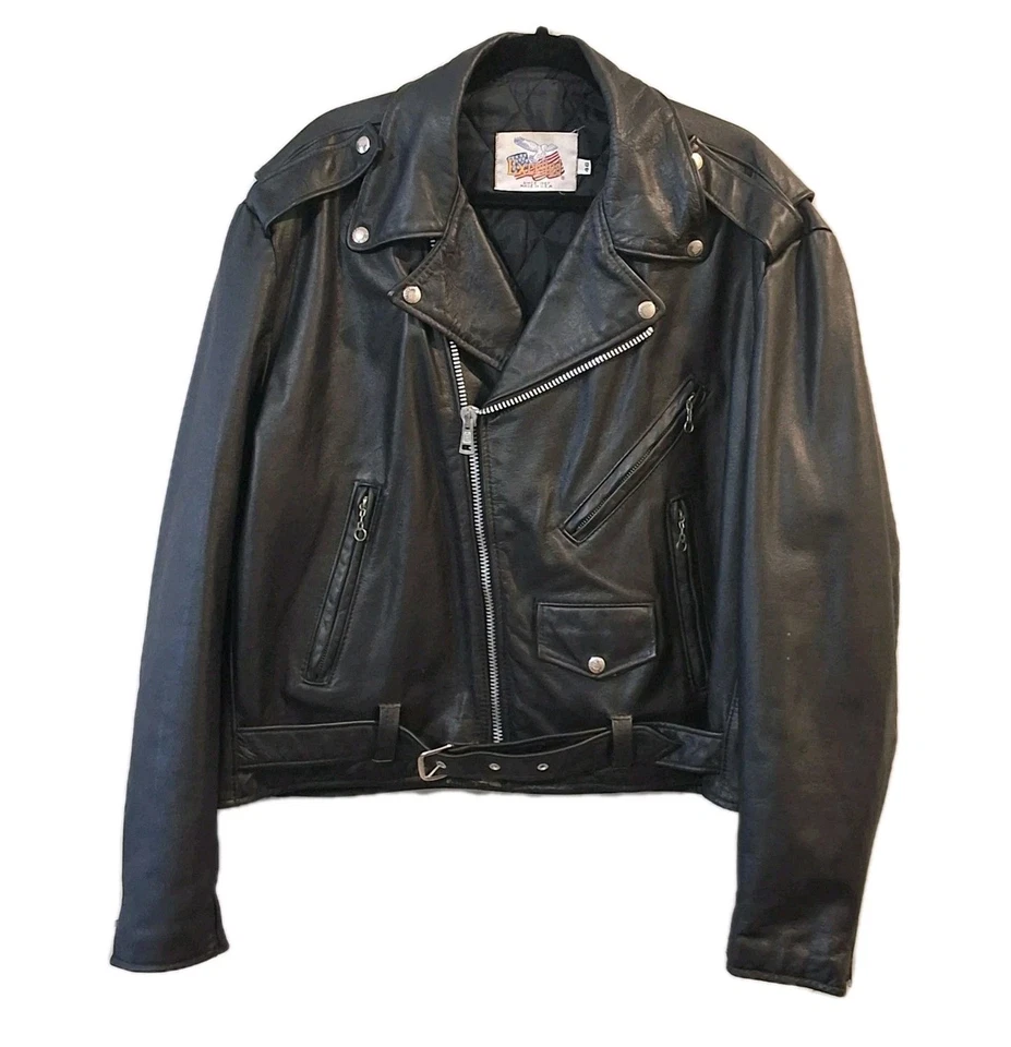 Chaqueta de motociclistas Terminator de cuero negra excelente vintage años 80 hecha en EE. UU. Foto 2 de 4