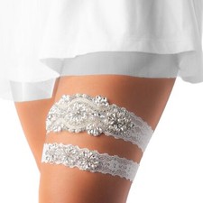 Gorgeous Stretch Lace Garter with Rhinestone and Pearls in White Light Blue a...