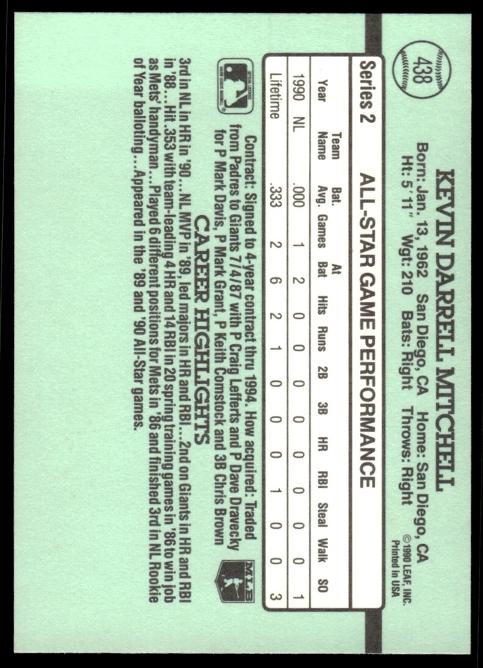 1991 Donruss Baseball Card Kevin Mitchell A San Francisco Giants #438 - Image 2 of 2