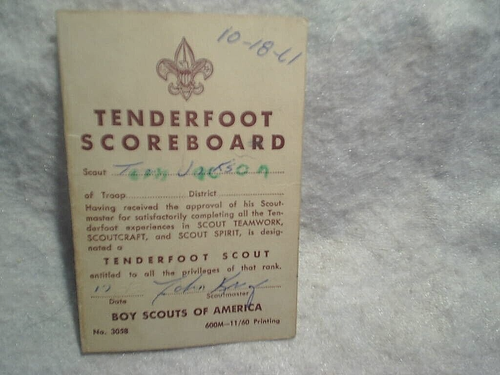 1961 TENDERFOOT SCOREBOARD BOY SCOUTS OF AMERICA,tenderfoot record of progress