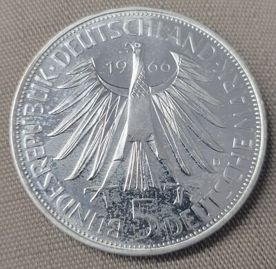1966-D 5 Deutschland Mark Silver Coin. PL, Gottfried Wilhelm