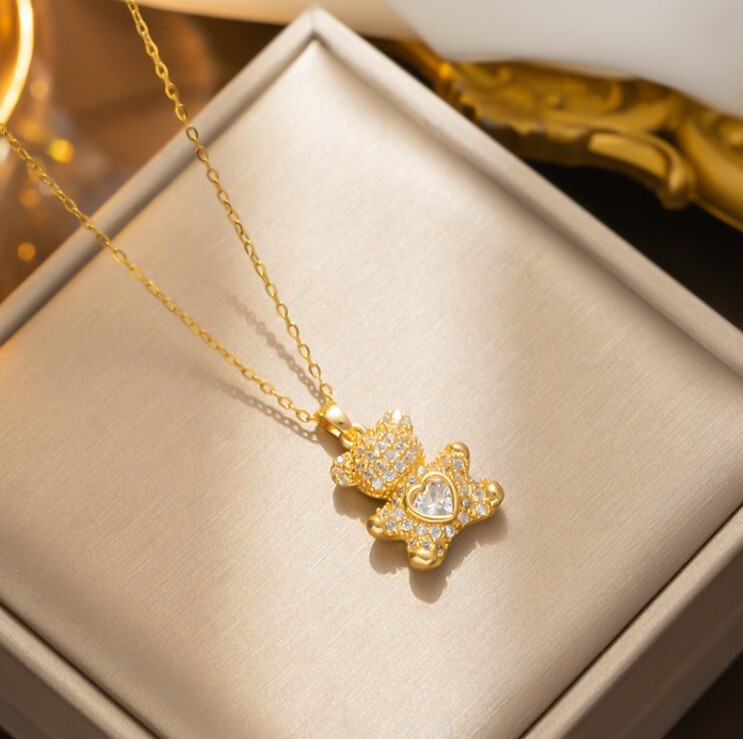 Trendy Gold Titanium Love Heart Teddy Bear Pave CZ Pendant