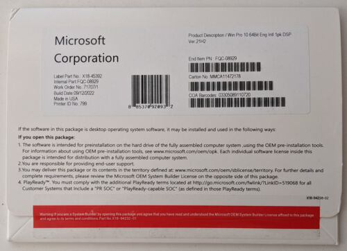 Windows Win 10 pro 64 bit DVD with Genuine License Product Key Sealed New!