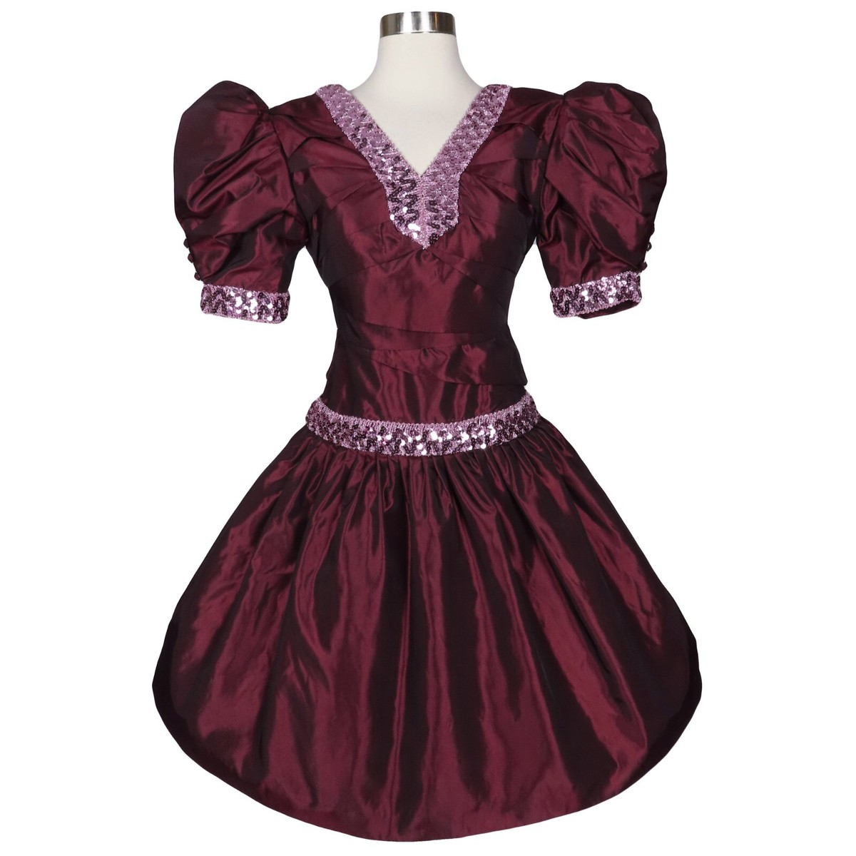Vintage 80s Burgundy Taffeta Puff Sleeve Buttons Full Skirt Prom Party Dress XS | eBay Vintage 80s Burgundy Taffeta Puff Sleeve Buttons Full Skirt Prom Party Dress XS | eBay