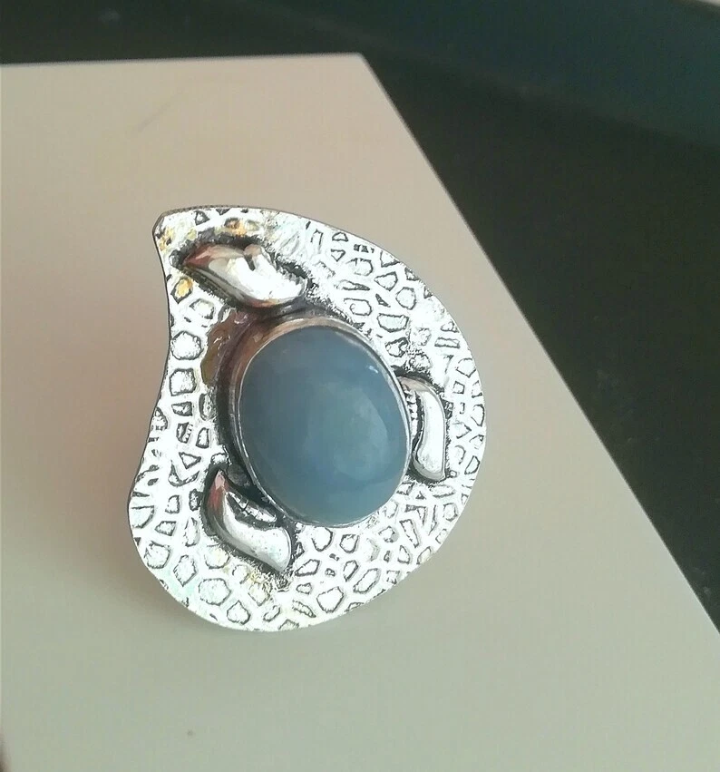 ANELLO DONNA ARGENTO MASSICCIO 925 CON ANGELITE NATURALE GOCCIA CABOCHON DESIGN - Immagine 4 di 4