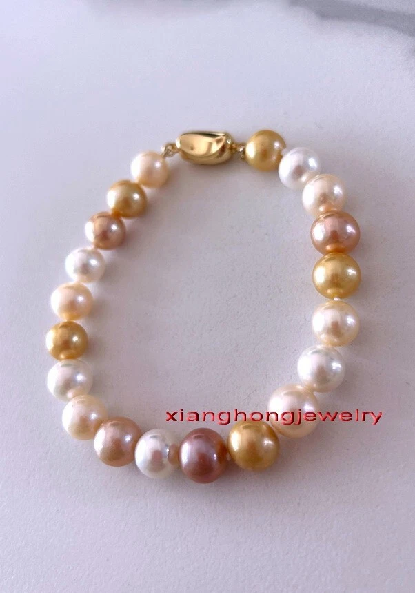 AAAAA 7.5"10-11mm REAL MAR DEL SUR BLANCO ROSA DORADO Pulsera Perla Multicolor 14K Foto 2 de 4