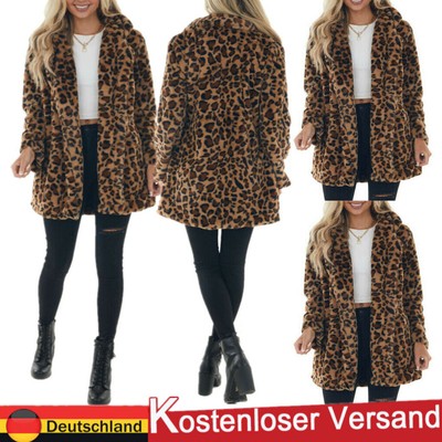 Womens Lady Mantel Kunstpelz Leopardenmuster Winter Warm Parka Jacke Trenchcoat.