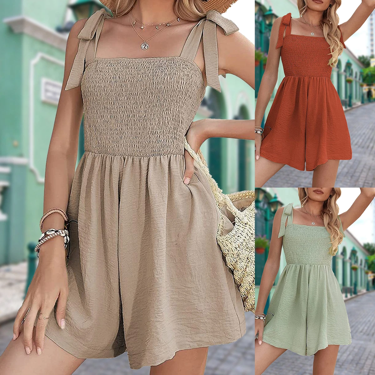 Women Casual Playsuit Sleeveless Beach Shorts Smocked Pocket Solid Summer Romper