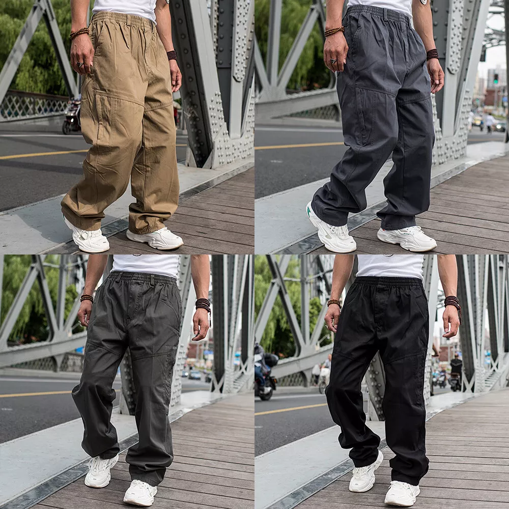 Mens Cargo Combat Loose Elastic Waist Oversized Khakis Trousers Multi Pocket