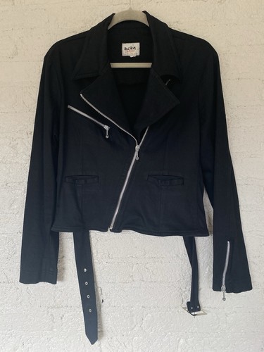 BCBG Paris Sportswear Black Cotton Blend Belted Zippers Moto Jacket Medium