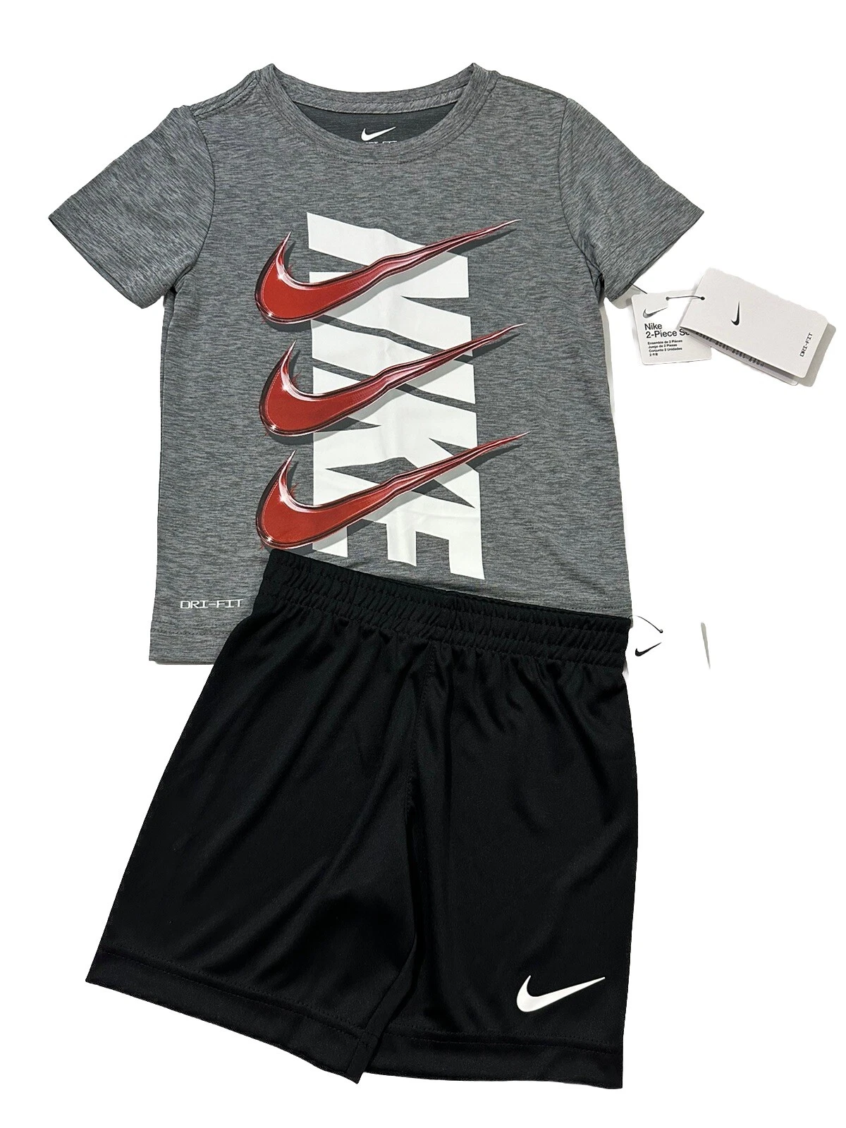 Nike NWT Boys Size 4 Gray T Shirt Black Shorts Red Logo 2 Piece Set Outfit
