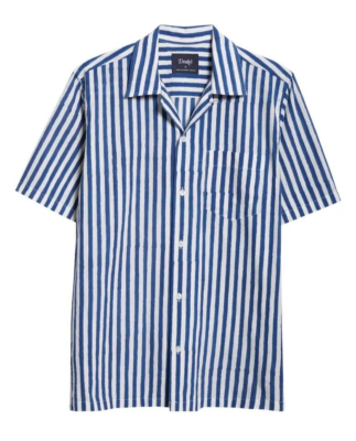 DRAKE'S Blue Stripe Block Print Cotton Camp Collar Short Sleeve