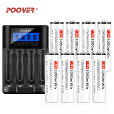 8 PCS POOVER AA 1.5V 3200mWh Rechargeable Lithium-ion Batteries + Charging Dock
