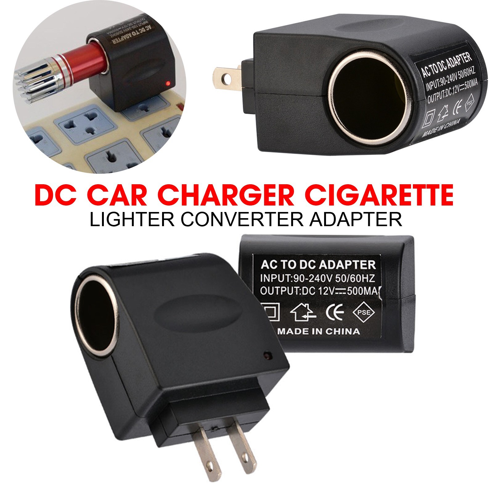 AC US Wall Power To DC Plug Car Cigarette Lighter Port Female Adapter Converter