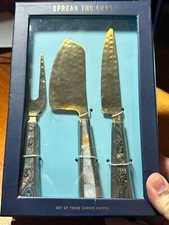 ANTHROPOLOGIE Spread The Love Cheese Knife Set Hammered Gold Abalone Handle