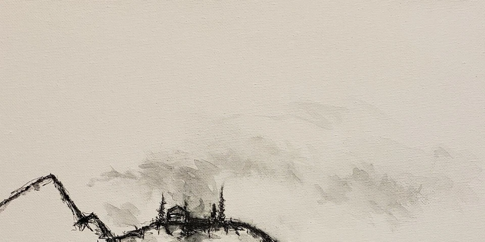 Dibujo de paisaje de tinta mínima moderno original de K.A.Davis "Soledad II" Foto 3 de 4