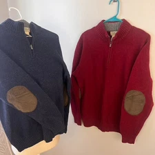 L.L.Bean 2-Pack Shetland Wool 1/4 Zip Sweater Large Corduroy Patches Bundle