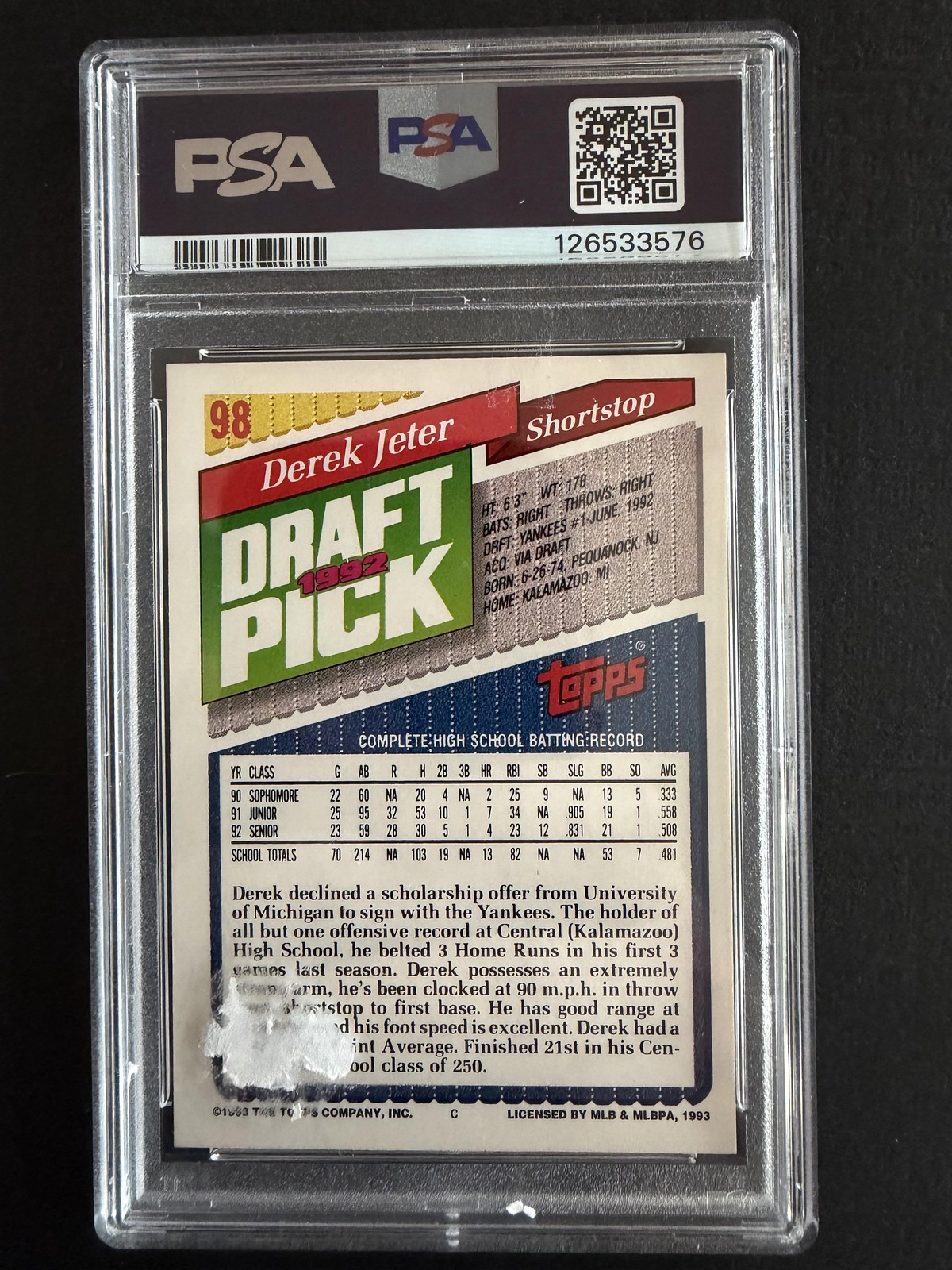 1993 Topps #98 Derek Jeter PSA 5 view 2