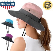 Women Ponytail Sun Hat Summer Bucket UV Protection Wide Brim Beach Fishing Cap