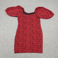 Free People Sunset Dress Womens Small Red Jacquard Puff Sleeve Bodycon Mini