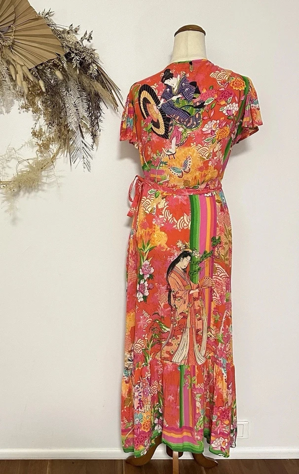 Ruby Yaya Wrap Midi Dress Floral Hawaiian Pattern Colourful Boho Size M Day Tea - image 3 of 4