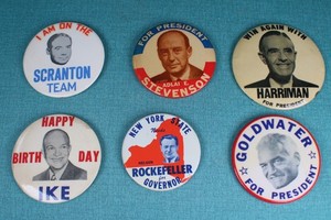 Lot of (6) 1960's Campaign Pins Scranton, Goldwater, Johnson, Ike, Rockefeller