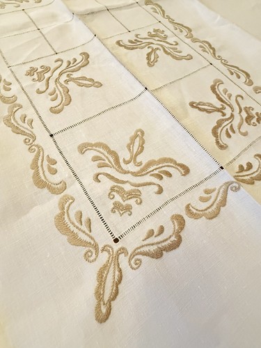 Antique Hand Embroidered Linen Tablecloth 64x49 Drawnwork Floral Premium