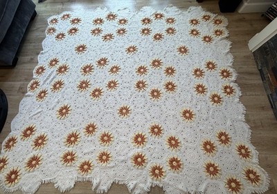 Large Handmade Crochet Sunflower Afghan Blanket 90x101 Boho Vintage Style Throw
